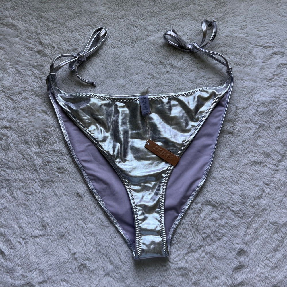 SKIMS Metallic Side Tie Bikini Bottoms Nickel Silver SW-TBM-0067 Plus Size 4X